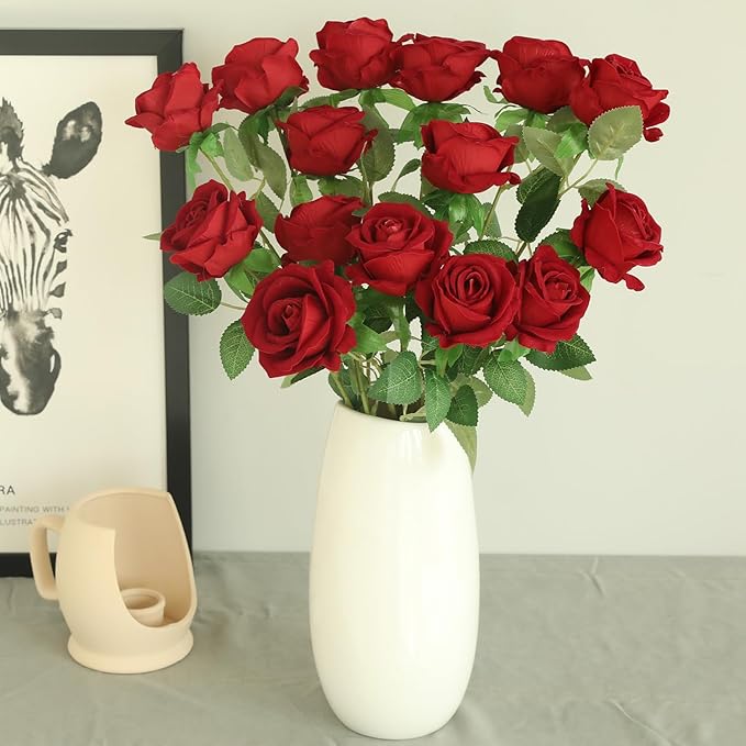 15Pcs Pearl Red Roses Artificial Flowers Fake Roses Long Stem Velet Rose Silk Flowers for Home Wedding Decoration (Pearl Roses,Deep Red)
