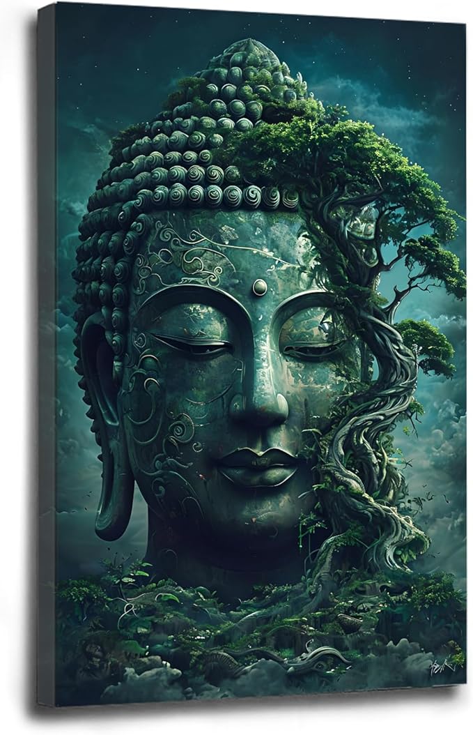 Buddha statue wall art canvas wall decor aesthetic picture mystical nature art for tranquil home and spiritual space 8x12in Wood Framed