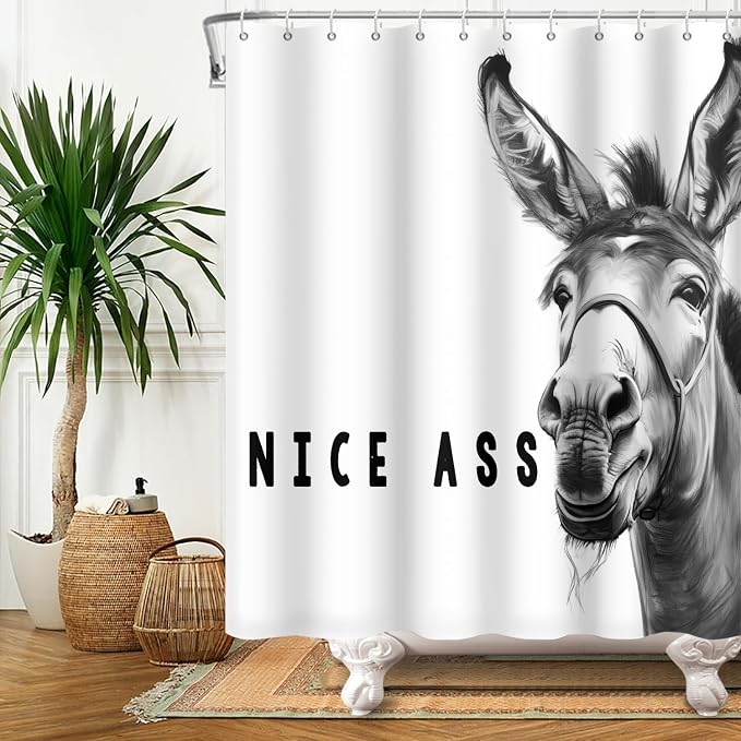 Funny Donkey Shower Curtains Joke Hilarious Animal Bathroom Curtain Rustic Farmhouse Cute Donkey White Shower Curtain Sets for Bathroom Extra Long 72x108 in with 12 Hooks