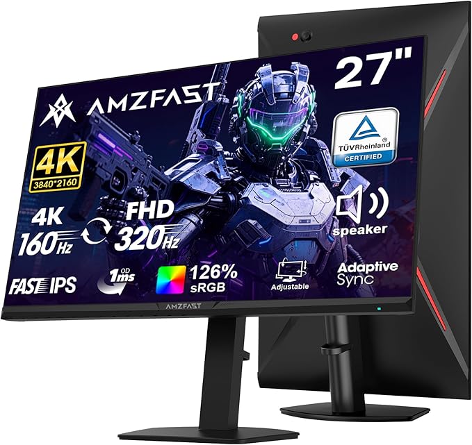 Amzfast 27’‘ 4K Gaming Monitor HDR 400, UHD 160Hz 144Hz | FHD 320Hz 300Hz Dual Mode PC Monitor, Built-in Speakers 1ms Fast IPS, 126% sRGB PIP/PBP, HDMI 2.1 x 2 & DP 1.4 x 2, Height Adjustment, VESA