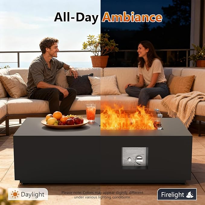 2-Piece 42" Rectangular Propane Fire Pit for Outside Patio with Hidden Tank Table, 50,000 BTU Fireplaces with Glass Wind Guard, Lid, Glass Rocks, Cover(Black)