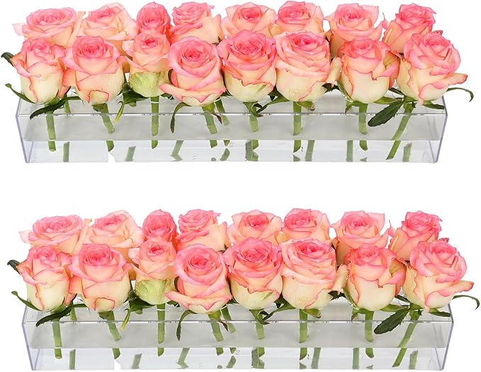 2Pack Clear Acrylic Flower Vase Rectangular, 15.7 Inches Long Floral Centerpiece Low Vases with Holes for Dinning Table, Home Decor, Wedding Decoration