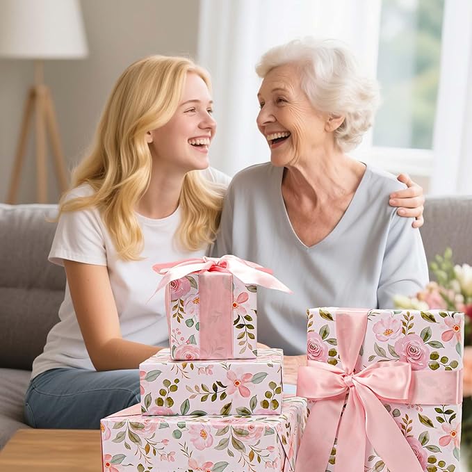 BIOBROWN Reversible Floral Wrapping Paper Roll - 30 Inches X 33 Feet (82.5 sq. ft. ttl.) Pink Watercolor Roses Design Flower Gift Wrap for Wedding, Bridal Shower, Mother's Day