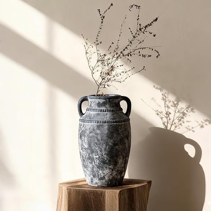 Farmhouse Rustic Ceramic Vase with Handles, 11 inch Gray-White Textured Modern Terracotta Vintage Vases for Home Decor Centerpieces Table Pottery Barn Furniture Decorative (Tall - C)