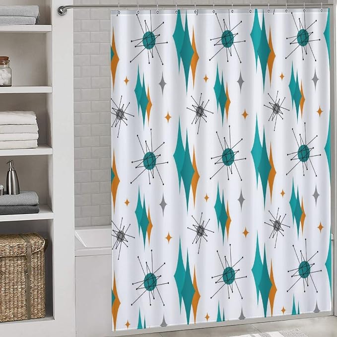 Mid Century Modern Shower Curtain for Bathroom, Teal Orange Geometric Atomic Abstract Pattern 1950s 1960s Retro Vintage Style Waterproof Fabric Shower Curtain Set with Hooks, 72"x84" Inch