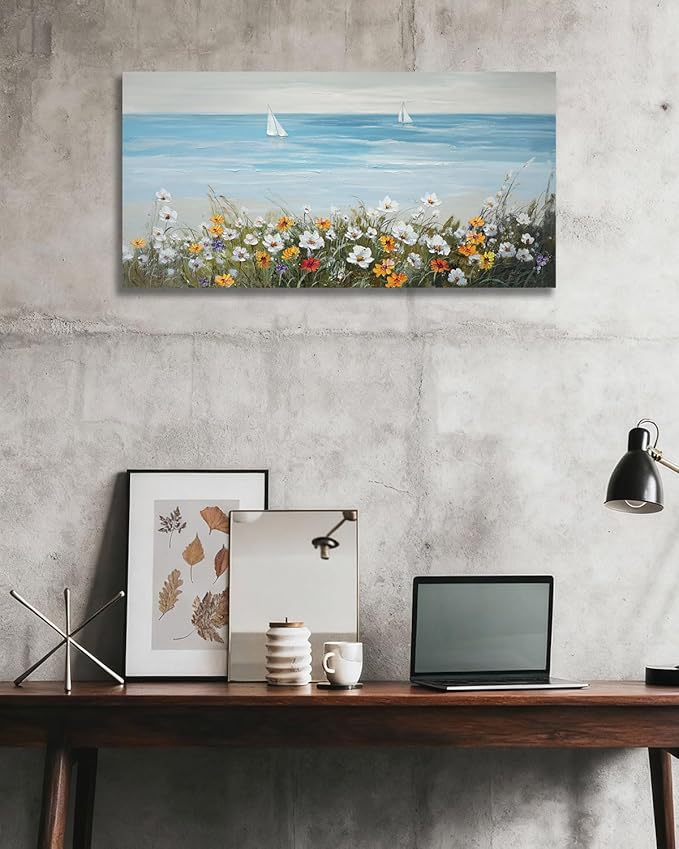 Ardemy Daisy Wall Art for Living Room, Floral Canvas Wall Art Ocean Flower Pictures Paintings Wall Decor Living Room Wildflower Artwork Dining Room Home Office Kitchen, 40"x20"