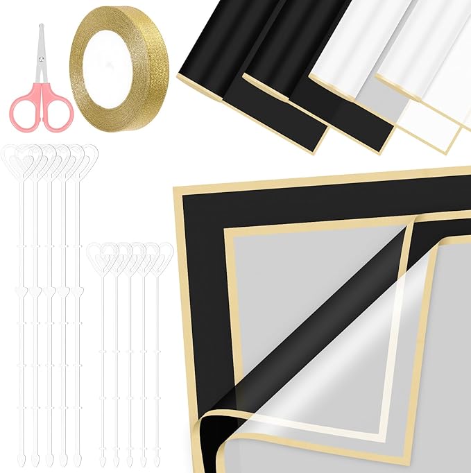 Glarks 52pcs Flower Wrapping Paper Set, Including 40 Sheets White and Black Waterproof Bouquet Wrapping Paper, 10pcs Floral Pick Card Holders, 1 Roll Ribbon and 1pcs Pink Scissors for Flower Shop