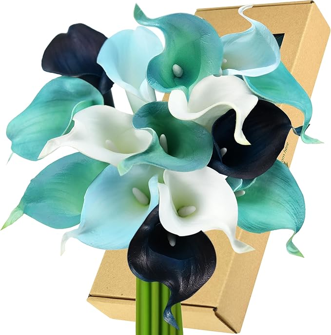FiveSeasonStuff Real Touch Calla Lily Artificial Flowers Wedding Bridal Bouquet | Floral Arrangements | 15 Calla Lilies (Posh Blue Mix)