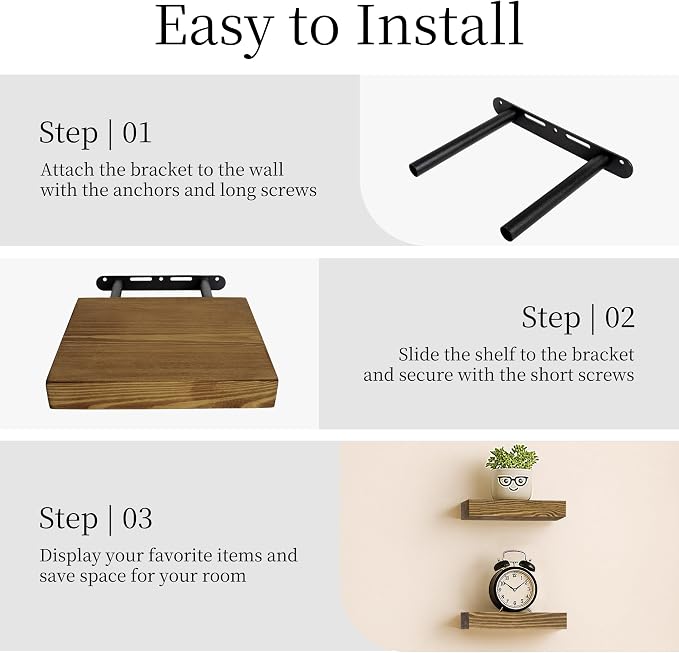 BGMG Small Wood Floating Shelves 8 inch Set of 2, Rustic Wooden Wall Mount Shelves for Bathroom Living Room Bedroom Kitchen Farmhouse -8x6.7x1.25 inch- Dark Walnut