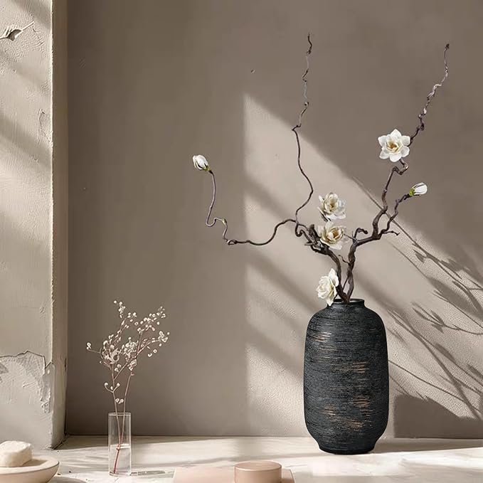 Black & Tall Ceramic Rustic Vase, 10.8 Inch Large Textured Flower Vase, Farmhouse Decorative Floral Pottery for Home Decor Table Living Room Entryway Mantel Bedroom Bathroom Kitchen (Black Bronze)