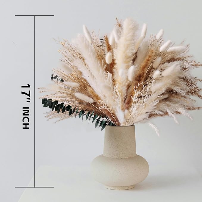 Dried Flower Bouquet - Pampas Grass, Bunny Tails, Olive Green Eucalyptus & Preserved Flowers - Boho Chic Home Decor, Rustic Wedding Centerpiece, Farmhouse Style Arrangement, Long-Lasting Gift