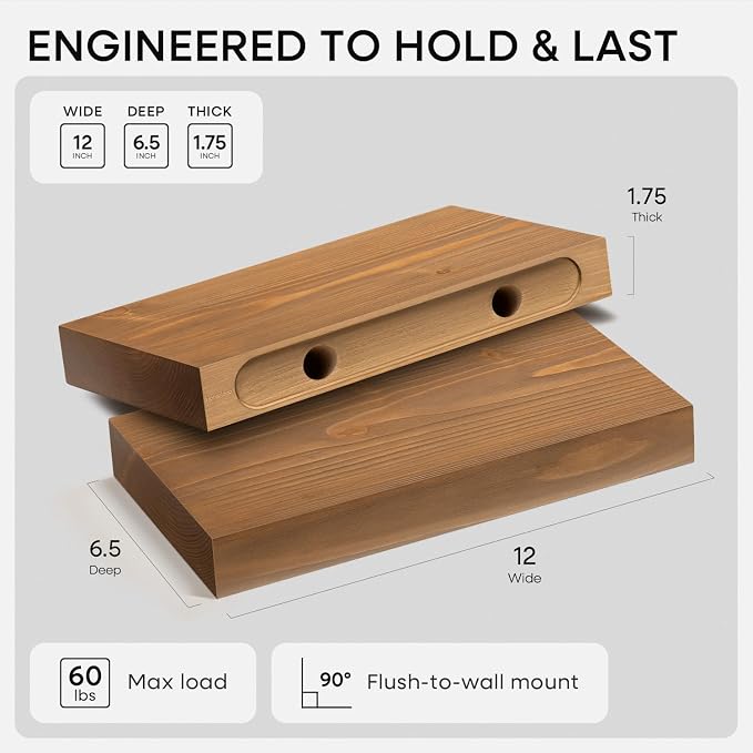 Homeforia 12 inch Golden Oak Floating Shelf, High End Solid Real Wood 12inch Small Floating Shelves for Wall Mounted, Oak Wooden 12in Floating Shelves, Heavy Duty Bracket, 12 X 6.5 X 1.75 in, Set of 3