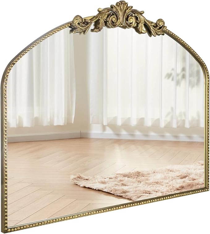 Gold Arched Vintage Mirror 40"X31", Antique Mantel Wall Mirror with Ornate Metal Frame, Victorian Dress Baroque Decor for Entryway/Fireplace/Living Room/Hallway/Bathroom/Bedroom