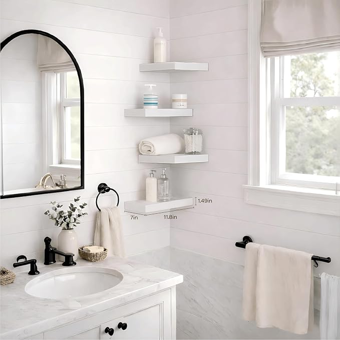 White Floating Shelves for Wall Set of 4, 11.8 Inch Small Wall Shelves for Bathroom Over Toilet, Kitchen & Bedroom Storage, Wall Mounted Shelf System for Decor, Books & Toiletries