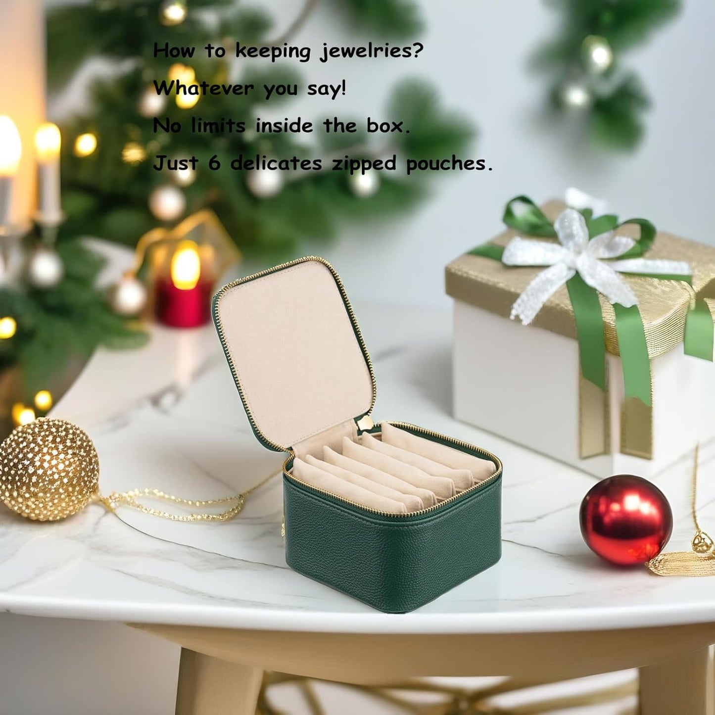 VLANDO Travel Jewelry Box Organizer - Portable PU Leather Case with 6/8/12 Zippered Pouches | Compact Dark Green Storage for Earrings, Rings, Necklaces, Bracelets