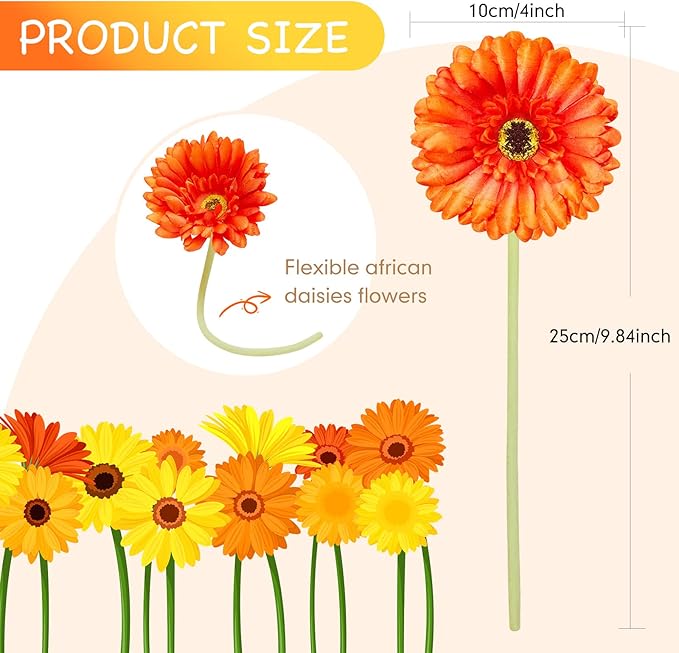 20 Pcs Orange Gerbera Daisy Faux Artificial Daisies Flower Bouquet Fake African Daisy Flower for Wedding Bridal Bouquet Party Home Kitchen Table Centerpiece (Orange)
