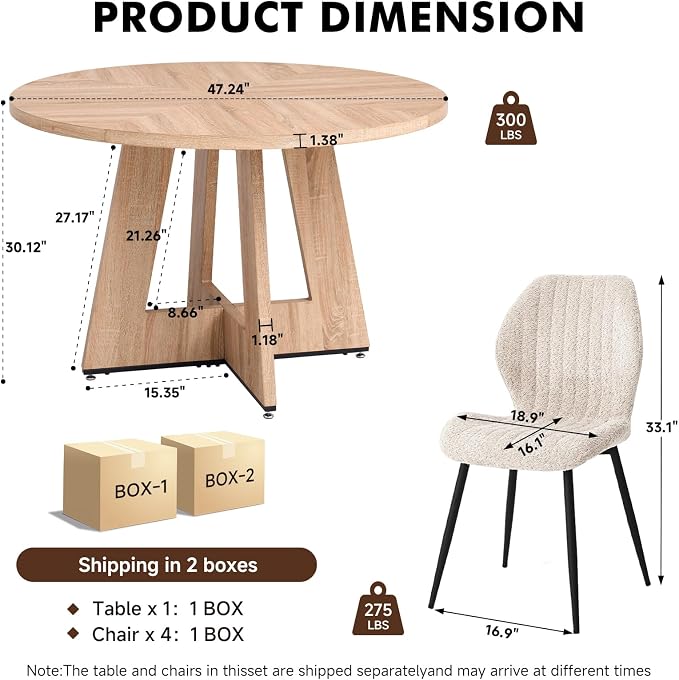 47" Round Dining Table Set for 4 with Chairs Kitchen Table and Chairs Set Mid-Century Modern Chair with Metal Leg for Apartment Living Room(Natural Table with 4 Beige Chairs)