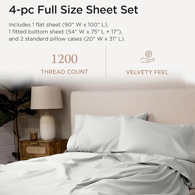 Threadmill Luxury Supima Cotton Sheets, Luxury 1200 Thread Count Soft 100% Cotton Sheets for Full Size Bed, 4 Pc Light Grey Bed Sheets Full Set, 5-Star Hotel Quality Deep Pocket Bed Sheets Set