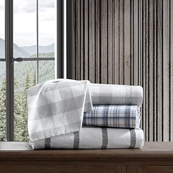 Eddie Bauer - Flannel Sheets Twin Size, Anti-Pilling & Wrinkle Resistant Cotton, Touchably Soft for All-Season Comfort - Bed Sheets with Matching Pillowcase & Fitted Sheet (Bunkhouse Plaid Charcoal)