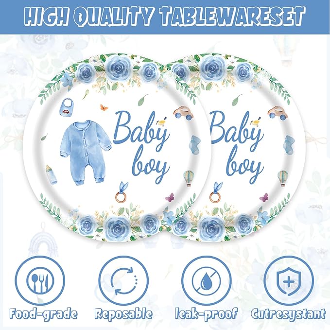 Blue Baby Shower Decorations Blue and White Paper Plates and Napkins Set Party Supplies for Gender Reveal Table Decor 40Pcs Baby Boy Shower Decorations