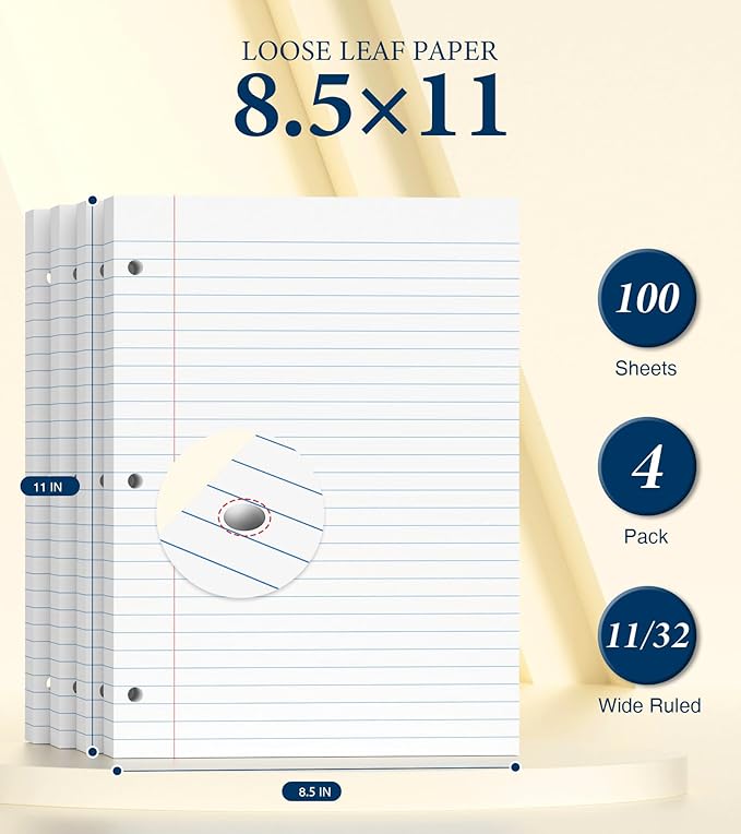 400 Sheets 8.5 x 11 Wide Ruled Paper, Loose Leaf Paper, 3 Hole Punch Paper 8.5 x 11 White Loose Leaf Notebook Paper for 3 Ring Binders, Lined Paper Wide Ruled, Writing Paper (4 Pack)