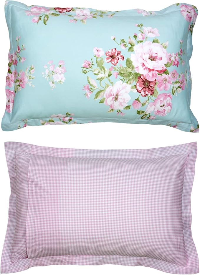 FADFAY Shabby Floral Duvet Cover Set Pink Grid Cotton Farmhouse Bedding with Hidden Zipper Closure 3 Pieces, 1duvet Cover & 2pillowcases,Queen Size