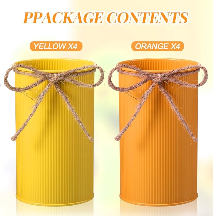 Domensi 5.91 in High Farmhouse Vase Decor Galvanized Metal Flower Vase with Twine Bow Vintage Rustic Tin Flower Buckets for Artificial Floral Table Container DIY(Yellow, Orange,8 Pcs)