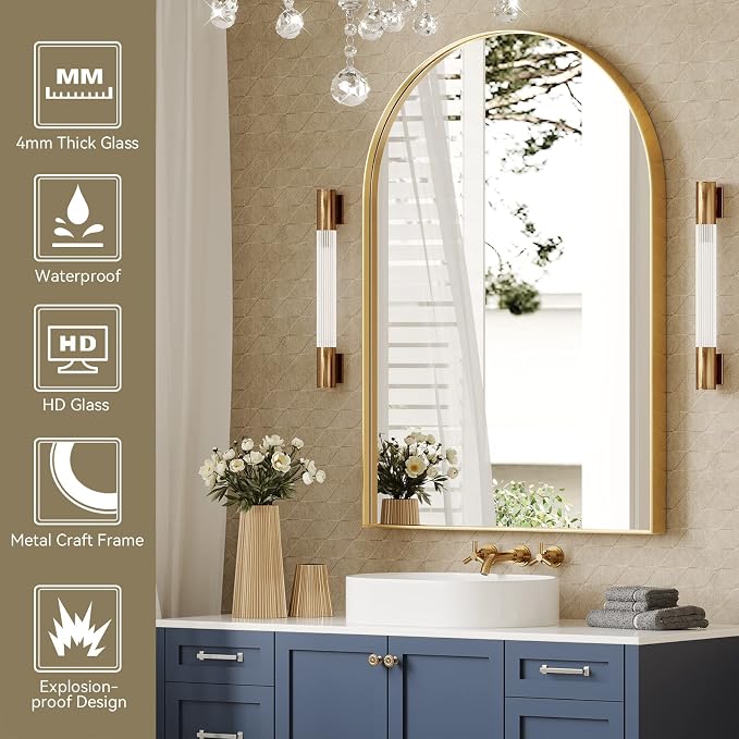 Brightify Arched Mirror, 24 x 36 Inch Gold Arch Mirror, Metal Frame Gold Arched Wall Mirror, Arched Top Bathroom Vanity Mirror for Living Room Bedroom Mantle Entryway Hallways