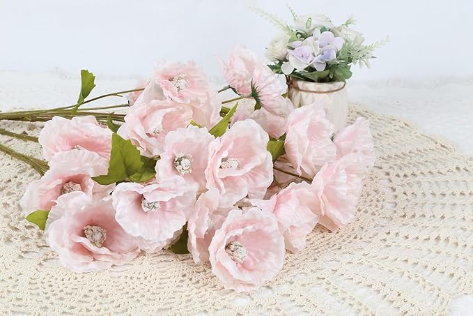 Poppies Flowers Artificial Silk Flowers 32in 6PCS Artificial Poppies Pink Flowers for Wedding Home Party Table Centerpiece Arrangement Decoration (Pink)