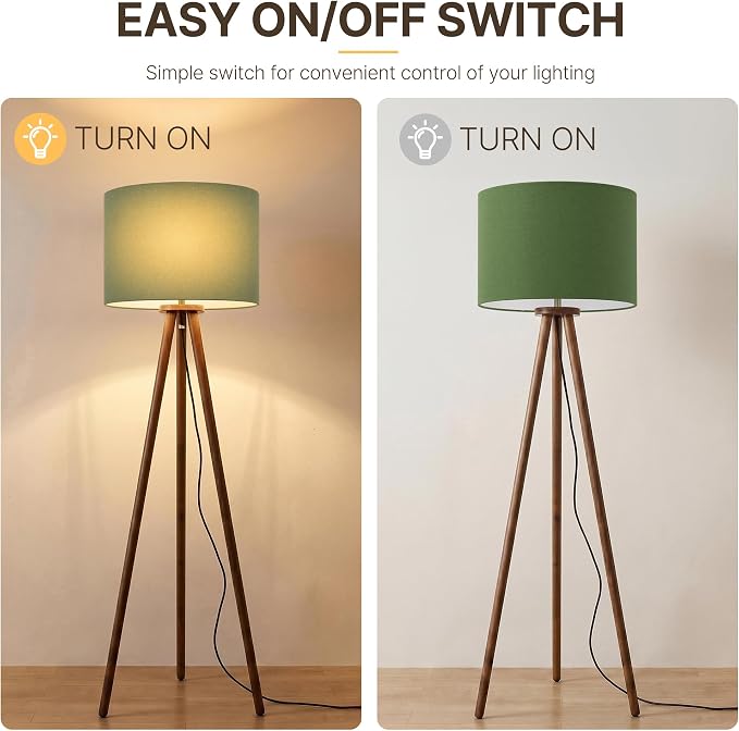 Buruis 60.6" Solid Wood Tripod Floor Lamp with 15.7" Large Linen Shade, Mid-Century Walnut Finish Standing Lamp for Living Room, Bedroom, Office, Corner, UL Listed, Bulb Not Included, Green