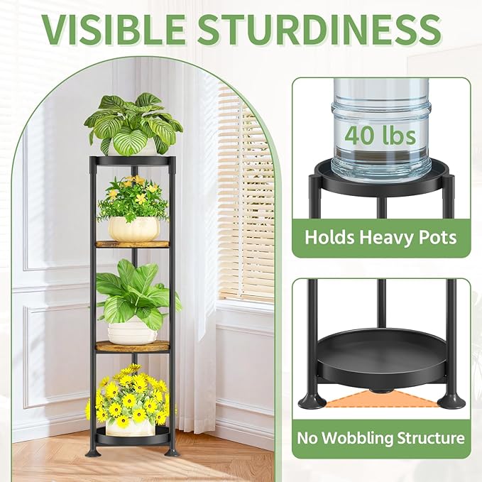 KMOTASUO 4 Tier Black Plant Stand Indoor for Large Tall Heavy Duty Planter, Multiple Sturdy Metal Flower Corner Rack for Narrow House Floor, Iron Vertical Level Round Orchi Holder Organizer, Modern