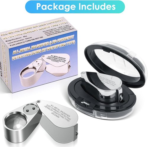 Leffis 2 Pack Jewelers Loupe Magnifier - LED/UV Illuminated Folding Magnifying Glasses for Jewelry & Collectibles