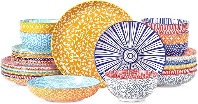 Selamica Ceramic Plates and Bowls Sets,24 Pieces Dinnerware Sets for 6,Scratch Resistant Dish Set for holiday gathering,Dishwasher & Microwave Safe, Assorted Colors