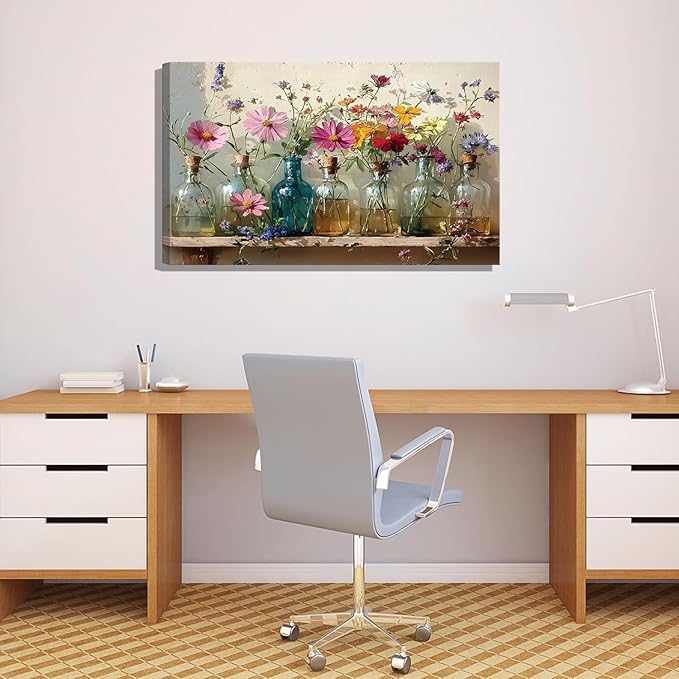 1Pcs Framed Retro Farmhouse Flowers Canvas wall art Colorful wildflowers Posters Prints Colored glass bottles Artwork Pictures Printing Wall Decor for Living Room Bedroom Bathroom Home Decoration