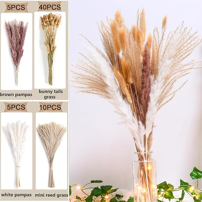 60PCS of Boho Pampas Grass in Glass Vase with LED Lights & Faux Crystals, Naturally Dried Pompas, Bunny Tails Dried Flowers,Perfect for Weddings, Farmhouse Boho Wall Bathroom Office Kitchen Decor