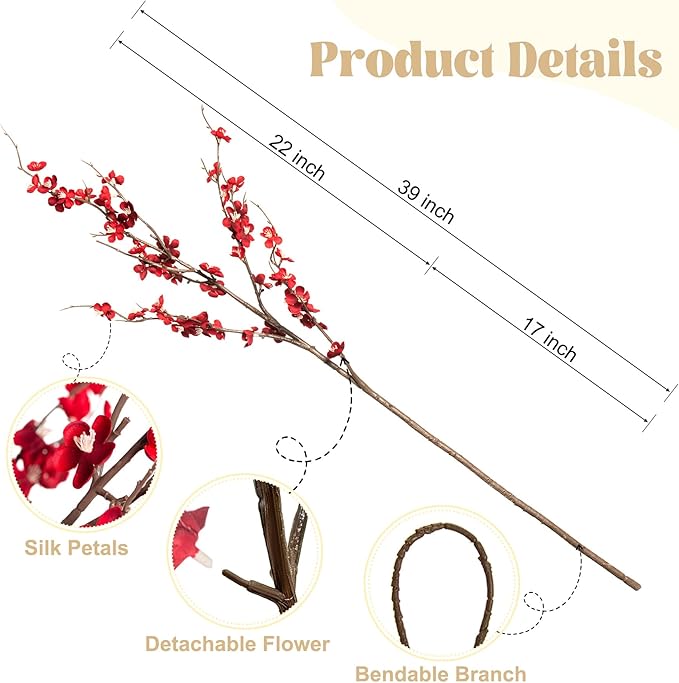 4Pcs Cherry Blossom Branches Artificial Flowers for Spring Summer Indoor Decoration,Faux Long Stem Artificial Flowers for Wedding Home Office Bedroom Party Table Centerpieces Decor(Red)