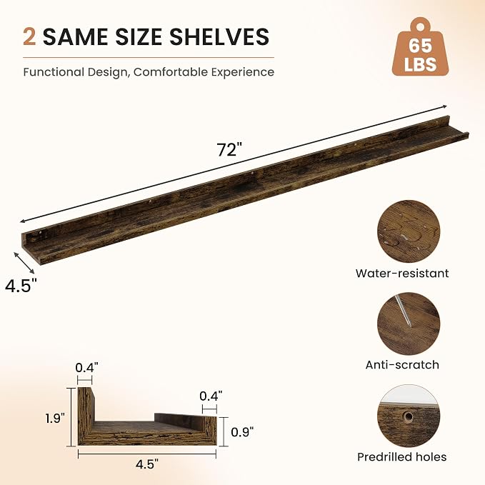 Dreamland Picture Ledge Shelf for Wall, Floating Shelves Set of 2,72 inch Long Floating Shelves with Lip for Living Room,Bedroom,Bathroom,Kitchen,Rustic Brown