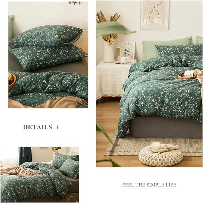 LifeTB Green Floral Duvet Cover Jersey Knit Cotton Duvet Cover King Size Vintage Flower Botanical Bedding Set Soft T Shirt Cotton Comforter Cover Chic Garden Style Bedding Cover with 2 Pillowcases