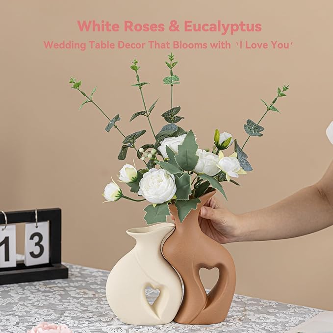 Heart Linked Couple Vase Set - 2-Pcs Beige & Brown Ceramic Vases with Hollow Heart Design, Romantic Gifts for Couples, Wedding Decor for Couple,Decorative Vase for Living Room/Dresser