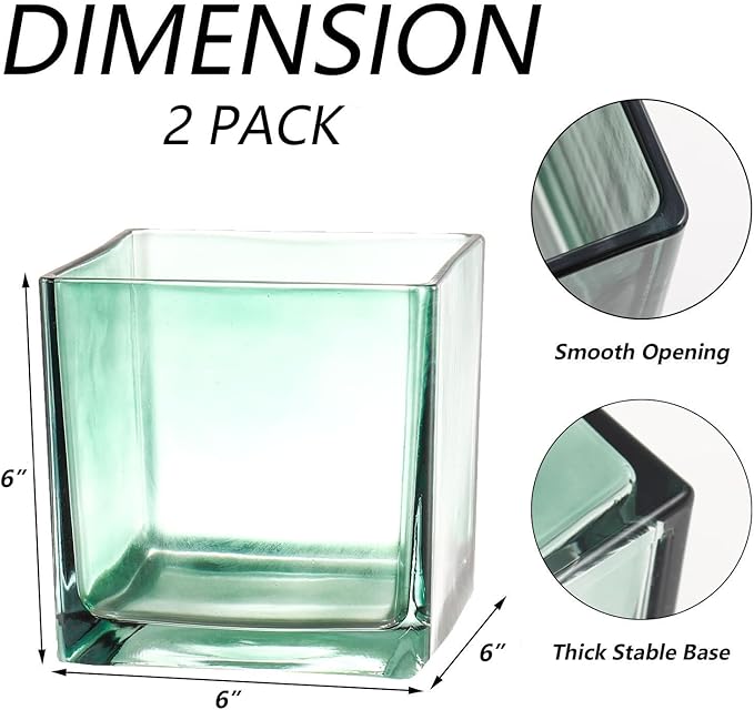 MARTAGE Square Green Glass Vases Set of 2, 6" x 6" x 6" Square Vase for Centerpieces, Flower Vases for CenterpieSquare Vaseces, Small Vase for Wedding, Party, Home Office Decoration