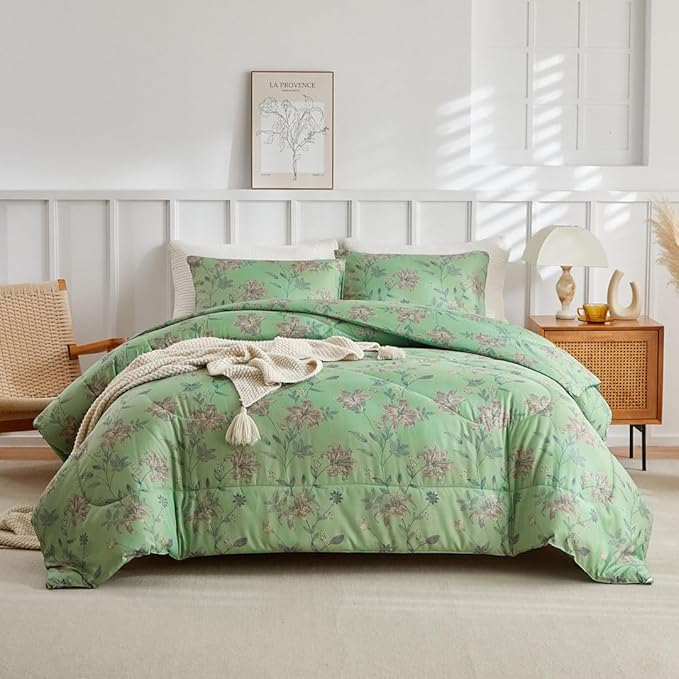 VM VOUGEMARKET Garden Flower Comforter Set King Green Floral Bedding Comfortet Set Soft Microfiber Bedding Set 1 Comforter and 2 Pillowcases Chic Botanical Comforter Set for Girls Women