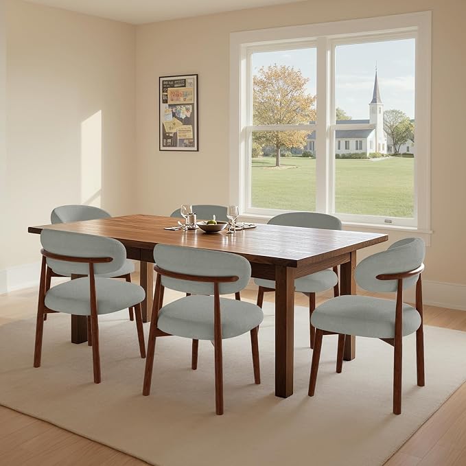 Farmhouse Dining Chairs Set of 6, Mid Century Modern Fabric Upholstered Kitchen Chairs, Wooden Dining Room Chair with Curved Back for Kitchen Dining Room Restaurant Cafe, Light Green (Only Chairs)