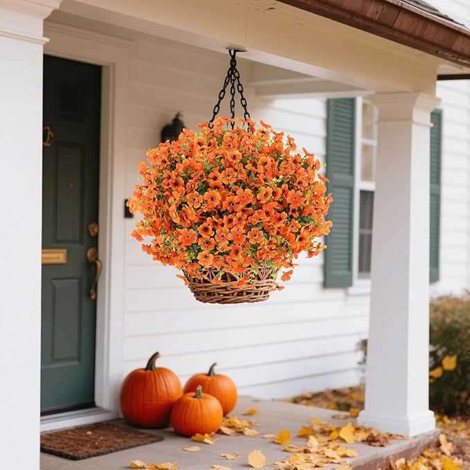 24 Bundles Fall Flowers Artificial for Halloween Decoration Outdoors, Fake Plants Autumn, Mums Daisy Eucalyptus Realistic UV Resistant for Garden Patio Porch Home Decor, Orange