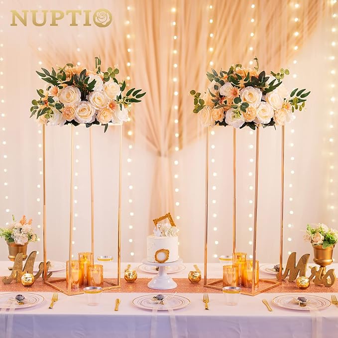 Nuptio Gold Vases for Centerpieces Wedding with Acrylic Panel - 2 Pcs 31.5 inch Tall Metal Flower Vase Flowers Stand - Elegant Bulk Weddings Decoration Table Geometric Centerpiece for Party Tables