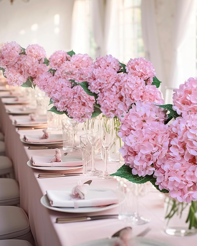 6PCS Premium Pink Hydrangea Artificial Flowers Bouquets, Light Pink Silk Hydrangea Flowers Heads with Stems, Fake Hydrangeas Flowers Arrangement, Faux Hydrangea Decor for Home Wedding Party