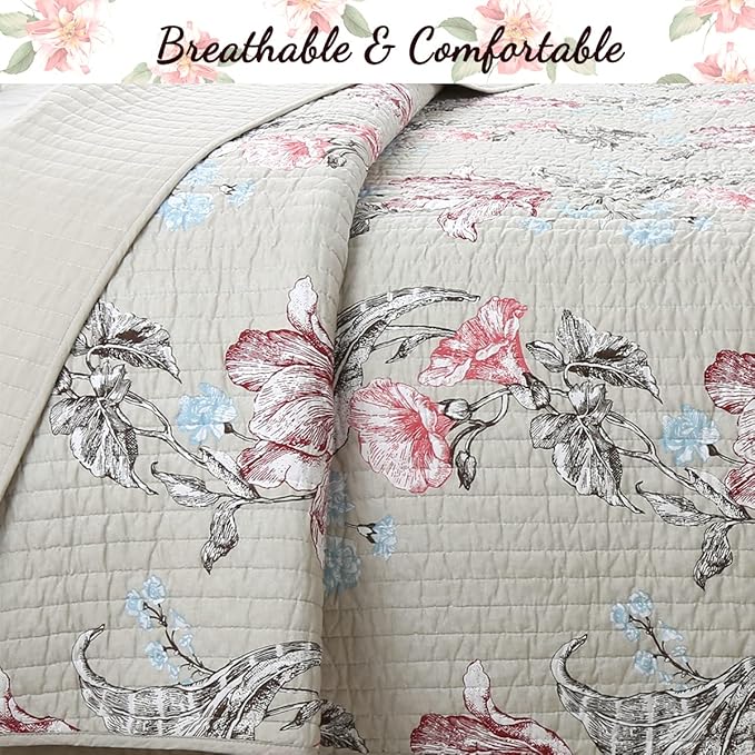 Cozy Line Home Fashions Taupe Khaki Floral Blooming 100% Cotton Reversible Quilt Bedding Set, Coverlet, Bedspread (Taupe Blooming, Queen - 3 Piece)
