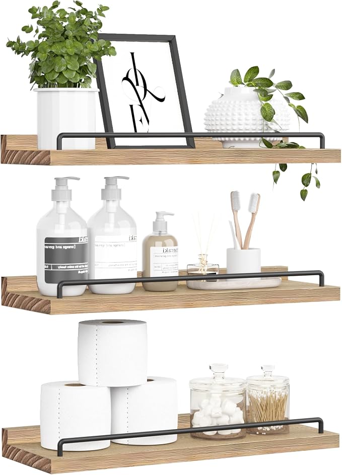 RYOFOBETTO Floating Shelves for Wall Decor, Light Brown Wood Shelves for Bathroom, Living Room, Bedroom, Picture Frames, Plants, Kitchen (Set of 3)