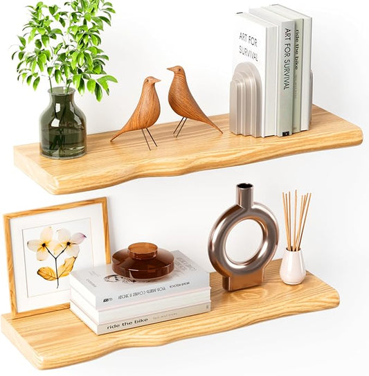 Floating Shelves for Wall 24 Inch Wooden Floating Shelves Live Edge Shelf with Unique Natural Grain Wall Mounted Rustic Pine Wood Shelf for Living Room Bedroom Kitchen Bathroom (Natural)