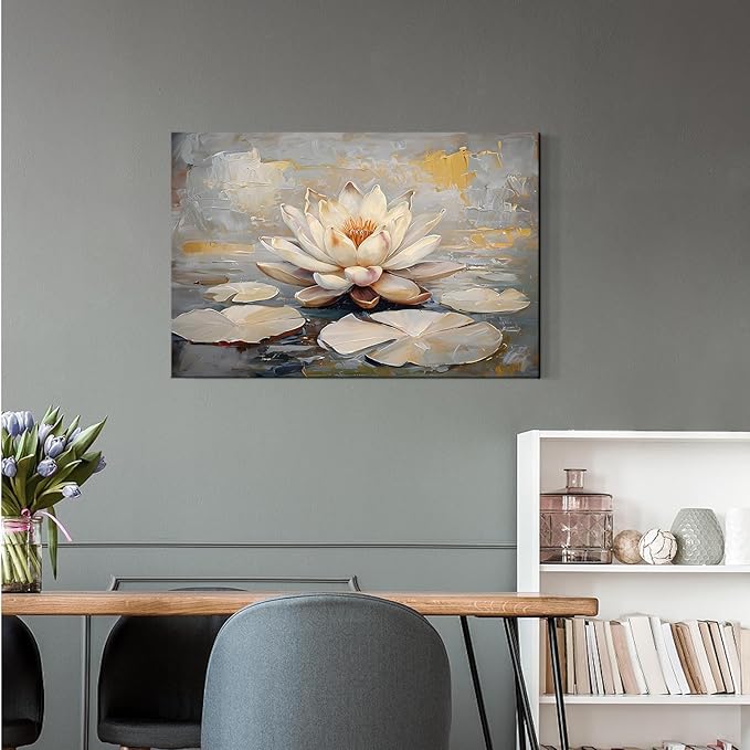 Ethereal white lotus floating on Crystal Waters poster vintage oil painting printwall art soft blush and gold accents serene home and office decor dreamy 32x48in Frameless
