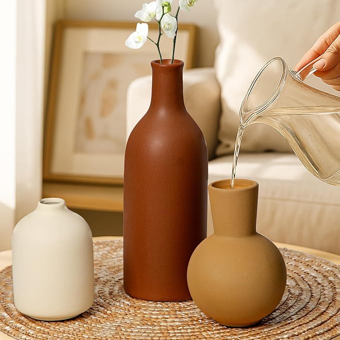 Ceramic Vase, Flower Vases Set of 3 Living Room Decor, Farmhouse Decor, Decorative Vase for Home Coffee Table, Book Shelf, Kitchen, Bedroom Centerpiece Table Decorations